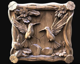 May include: A wooden wall plaque with a carved design of two hummingbirds in flight, surrounded by flowers and leaves.