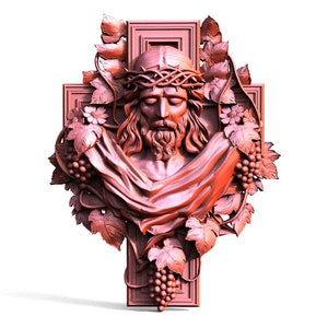 Puede incluir: Una escultura en 3D de la cara de Jesucristo en una cruz, rodeada de vides y hojas. La escultura está hecha de un material rosa claro.