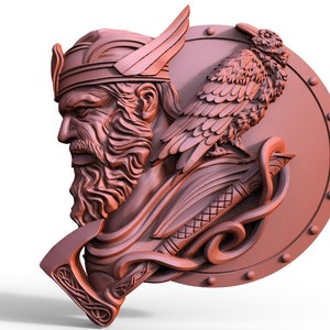 May include: A 3D printed wall sculpture of a Viking warrior with a horned helmet, a raven perched on his shoulder, and an axe. The sculpture is made of a reddish-brown material and has a detailed design.