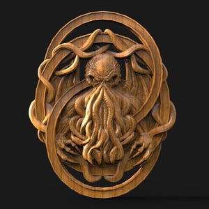 May include: A detailed wooden carving of Cthulhu, a fictional cosmic entity, within an oval frame. The carving features intricate details of the creature's face, tentacles, and wings, with a natural wood grain finish. The artwork is set against a dark background.