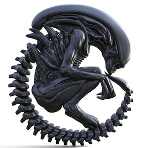 May include: A dark gray sculpture of an Alien creature in a curled position, with a segmented tail forming a circle. The creature has a large head, elongated limbs, and a detailed, textured surface. The sculpture is set against a white background.