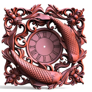 May include: A wooden clock with a carved frame featuring two fish and intricate floral designs. The clock face has Roman numerals.