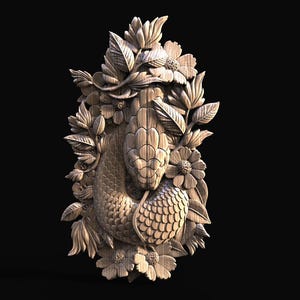 May include: A wooden wall sculpture of a snake with intricate details, surrounded by carved flowers and leaves.