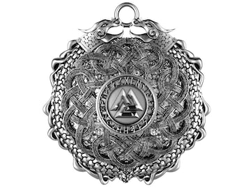 May include: Silver pendant featuring a circular design with a central Valknut symbol surrounded by a knotwork pattern. The pendant is framed by two intertwined dragons.