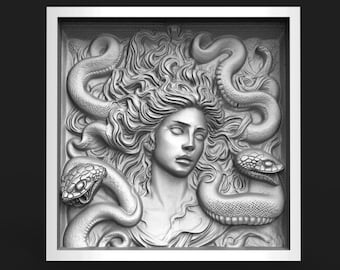 May include: A black and white 3D relief sculpture of a woman with snakes around her head and body. The woman's face is serene and her hair is flowing. The snakes are coiled around her head and body, and their scales are visible.