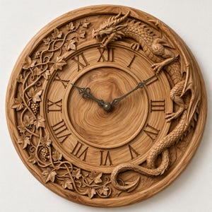 May include: A round wooden wall clock featuring a carved dragon wrapping around the right side and grapevines with leaves on the left. The clock face displays Roman numerals and has two dark metal hands centered on a light brown wood grain.