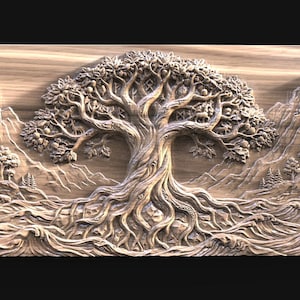 May include: A detailed wooden carving depicts a large tree with sprawling roots and branches, set against a backdrop of mountains and water. The artwork is rendered in shades of brown, showcasing intricate details and textures.