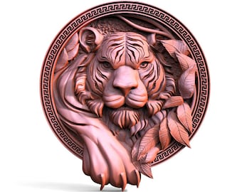 May include: A detailed, three-dimensional carving of a tiger's head in a circular frame with a Greek key border. The tiger is depicted with a fierce expression and intricate details, including its stripes and whiskers.