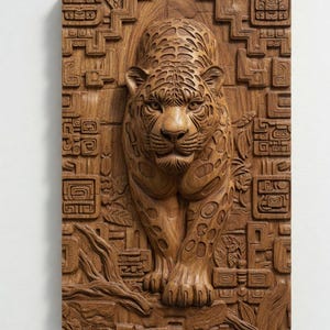 Puede incluir: Tallado en madera detallado de un jaguar en posición de caminar. El jaguar es el punto focal, con detalles intrincados en su pelaje y rasgos faciales. El fondo presenta patrones geométricos y follaje tallados, todo en tonos marrones.