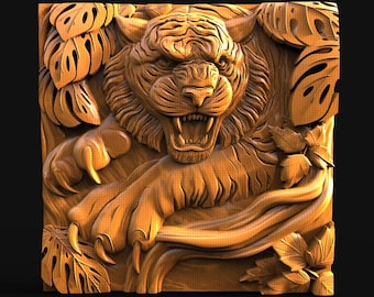 May include: A detailed wooden carving of a tiger's head and paws, surrounded by stylized leaves. The tiger is depicted with an open mouth, baring its teeth. The carving is in shades of brown and tan, with intricate details.
