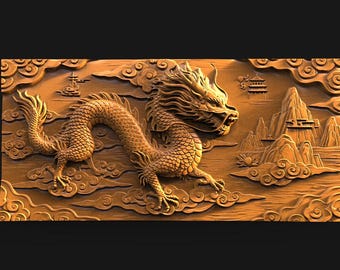 Puede incluir: Tallado en madera detallado de un dragón dorado en un paisaje con nubes, montañas y edificios tradicionales. El dragón es el foco central, con escamas intrincadas y una pose dinámica. El tema general es el arte asiático.