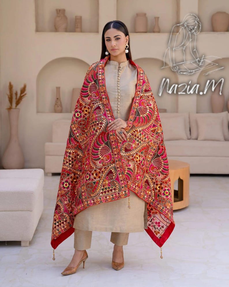 Embroidered Red Net Dupatta With Gold Sequins: Pakistani Indian Scarf ...