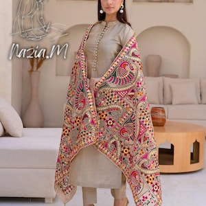 Embroidered heavy fancy Pale Gold Dupatta: Mughal Inspired Sequin Scarf