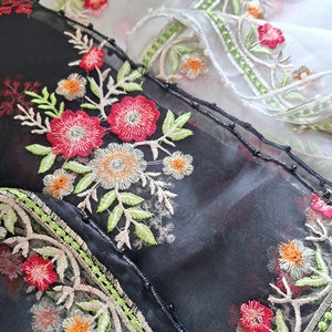 Embroidered white black organza dupatta punjabi chunni scarf scarves Hijab pakistani clothes indian bengali phulkari mughal red roses floral