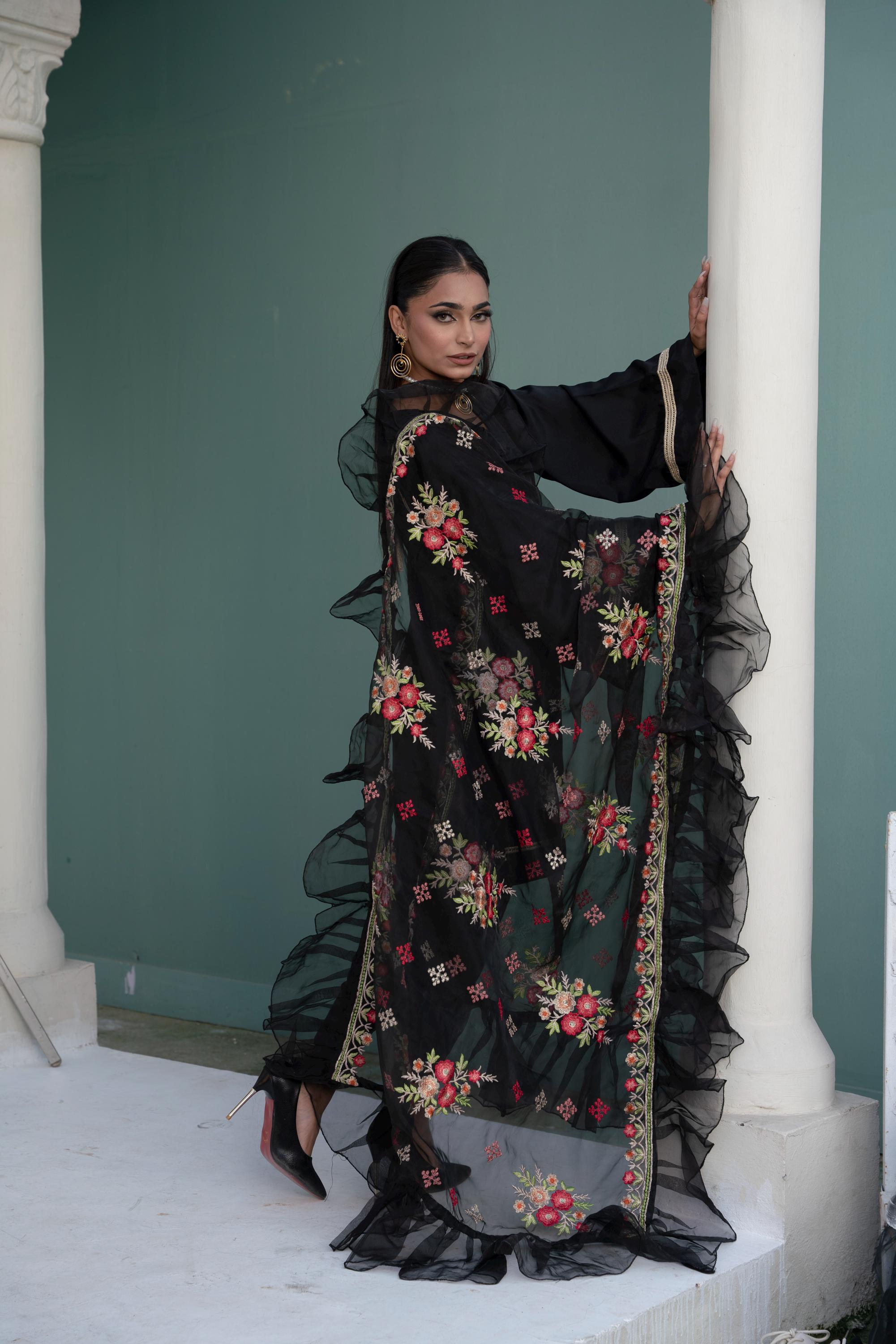dresses with organza dupatta Floral Embroidered Organza Dupatta: Cream Scarf With Ruffle Frill Black  Roses White Embroidered Sunflower Yellow Beige Skin Colour Chunni