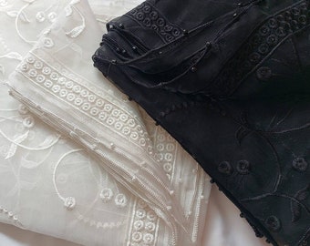Embroidered white black colour soft Organza Dupatta: Handset Pearl moti beaded Trim, South Asian Scarf chunni shawl scarf wedding ceremony