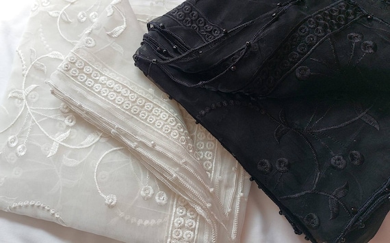 Embroidered white black colour soft Organza Dupatta: Handset Pearl moti beaded Trim, South Asian Scarf chunni shawl scarf wedding ceremony