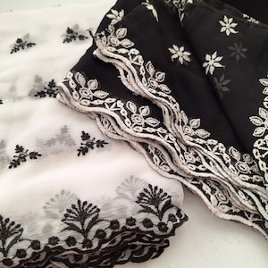 Chiffon Schiffli lucknow chikankari embroidered threadwork pakistani Indian black white dupatta punjabi chunni bengali eid Veil orni scarf