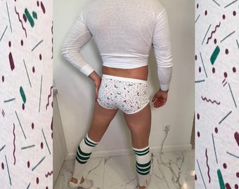 Set van 3 vintage herenslips met halfhoge taille | Wit katoenen ondergoed uit de jaren 80 | Groene en paarse geometrische print