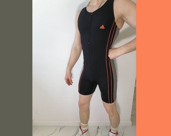 ADIDAS Mens Catsuit Vintage Gym Onesuit Tricot Stripes Bodywear size D8
