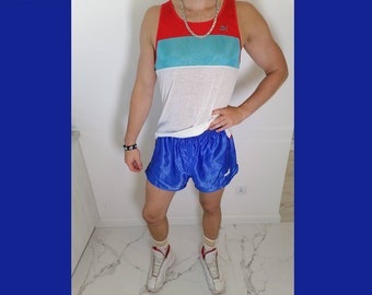 D6| PUMA Shorts Vintage Blau Sporty Oldschool Sommer Olympische Gym Oryginal Football Laufsport Blau Selten Street Style Feuer Vogel 80er 1990