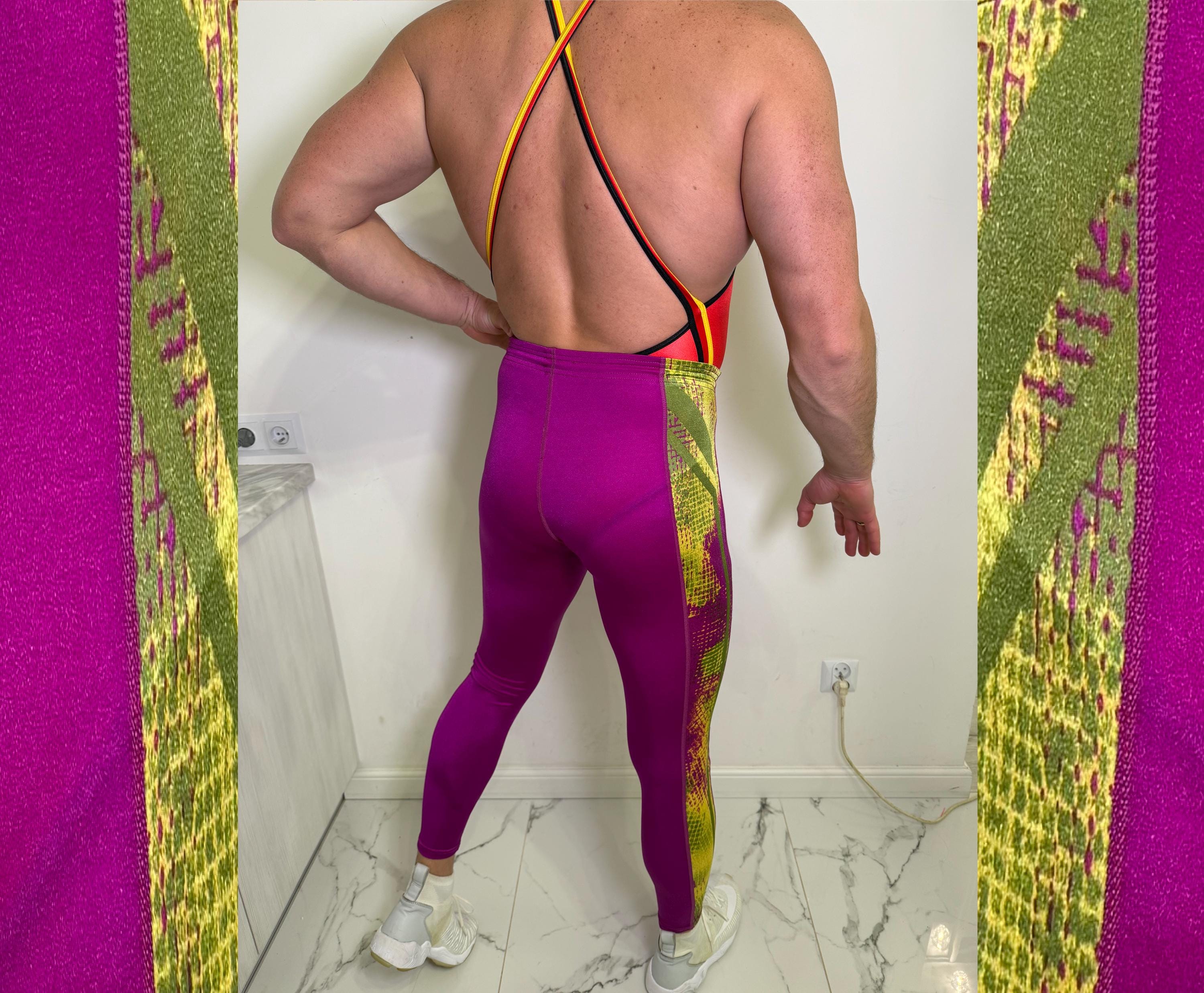 Vintage Nike International Leggings - 1990s Shiny Spandex - Purple, Green & Yellow - Men's Retro Activewear