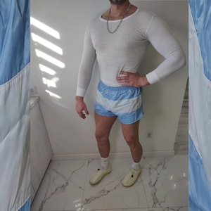 ADIDAS Shorts Vintage Shiny Nylon Baby Blue Stripes 80s