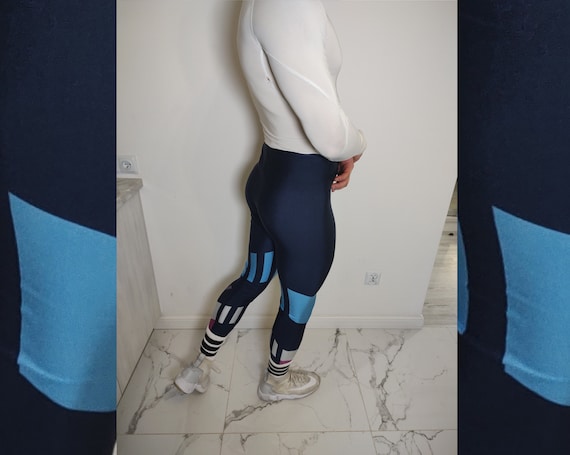 ADIDAS TEAM Leggings Vintage Rarity Shiny Spandex Navy Blue Pink