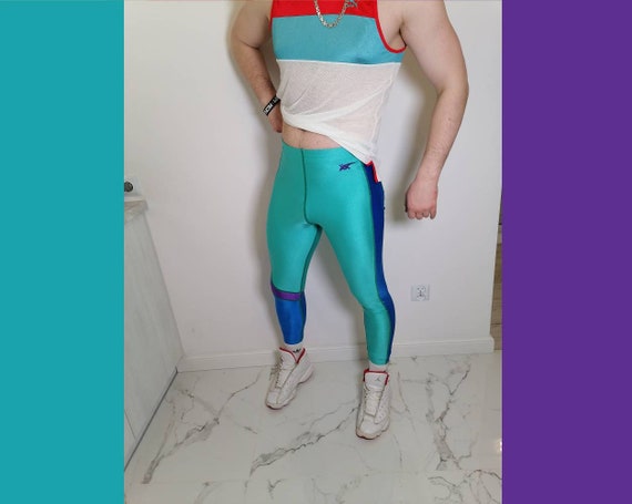 ASICS Leggings Vintage Shiny Spandex Old Logo Violet Turquoise 80s Size L  or XL -  Norway