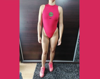Vintage Reebok Catsuit: Red Cotton Bodysuit, High Leg 90s Sport Thong