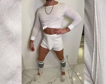 Vintage Men’s Ribbed Boxers | High-Waist White Cotton Underwear | Classic Boxer Shorts with Fly | Timeless Mens Essentials