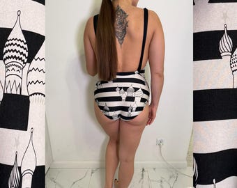 Vintage 80er Jahre Gestreifter Badeanzug | Schwarz & Weiß Retro Bademode | Grafischer Druck