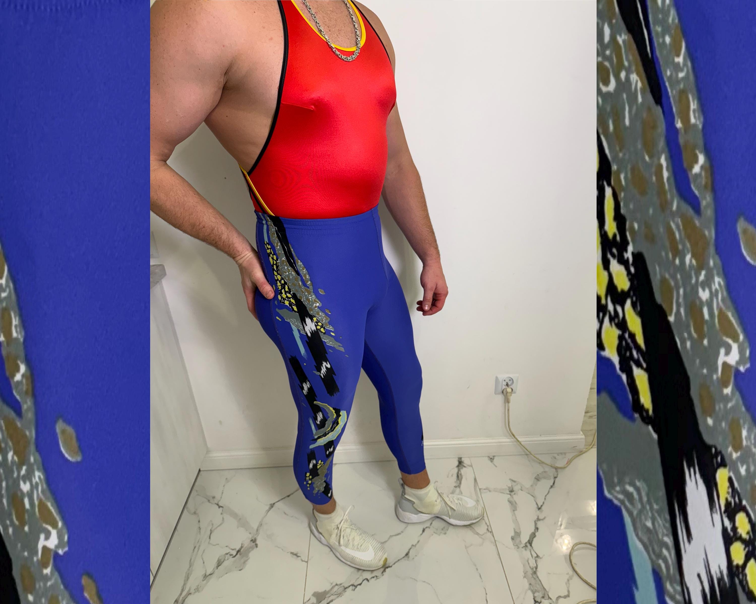 Vintage Blue ASICS Leggings for Men | 80s 90s Gym Style | Shiny