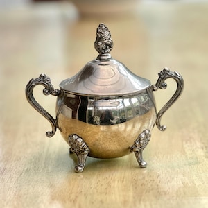 May include: A silver sugar bowl with a lid and ornate handles. The bowl has a rounded shape, rests on three decorative feet, and features a detailed finial on the lid. The polished metal reflects the surrounding environment, adding to its vintage appeal.