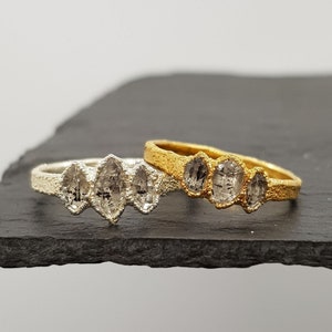 Drievoudige ruwe Herkimer-diamant ring in sterlingzilver of goud, geboortesteen april