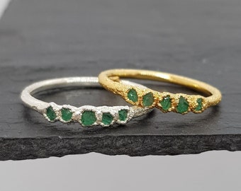 Multi Raw Emerald Sterling Silver or Gold Ring, May Birthstone Ring