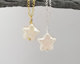 Star shaped freshwater pearl pendant necklace sterling silver chain wedding gift