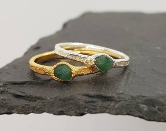 Raw Emerald Sterling Silver or Gold Ring, May Birthstone Ring