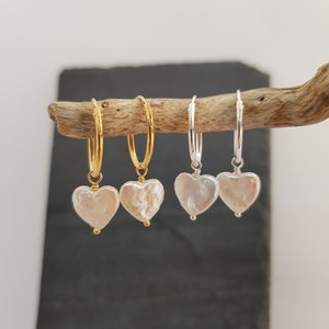 Heart Shaped Pearl Sterling Silver Hoop Earrings gold plated creole