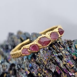 Raw Multi Red Spinel Sterling Silver Ring, Textured Stacking Band