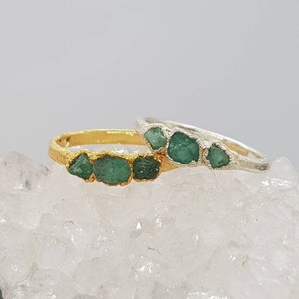 Triple Raw Emerald Sterling Silver or Gold Ring, multi emerald ring, May Birthstone Ring