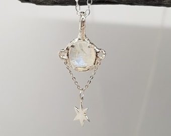Rose Cut Moonstone Star Sterling Silver Chain Necklace