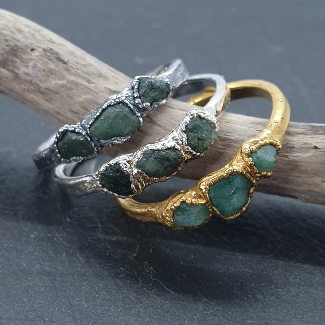 Emerald Rrr Triple Raw Emerald Sterling Silver or Gold Ring, Multi Emerald Ring ...