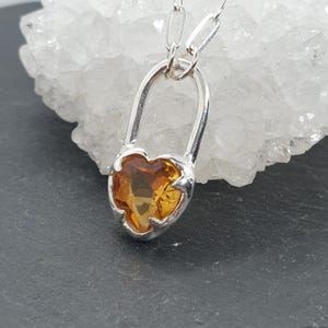 Citrine Heart Lock Sterling Silver or Gold Plated Silver Vermeil Necklace, valentines days gift