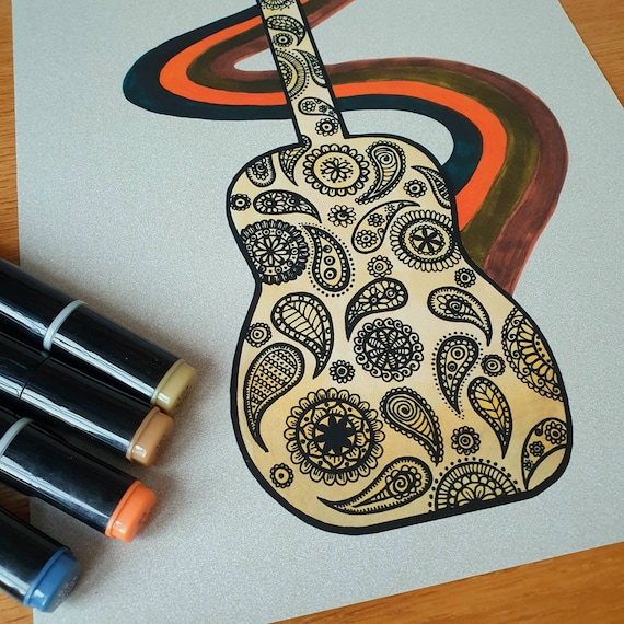 Hand Drawing Art Music Guitar Art Mandala Art Pen Drawing Art Design A4  Sheet