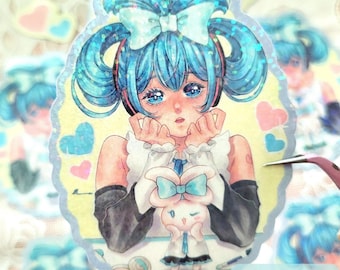 May include: A blue-haired anime character with a light blue bow in her hair is holding a small white bunny with a light blue bow. The character is wearing a white dress with a black collar and black sleeves. The background is a light yellow with pink and blue hearts.