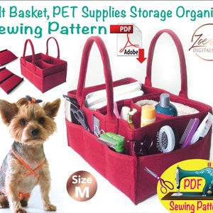 Peut inclure: Un organisateur de rangement pour fournitures pour animaux de compagnie en feutre rouge avec des poignées, rempli d'outils de toilettage et de fournitures. L'image comprend un motif de couture et un petit chien. Le texte sur l'image indique "Felt Basket, PET Supplies Storage Organizer Sewing Pattern".
