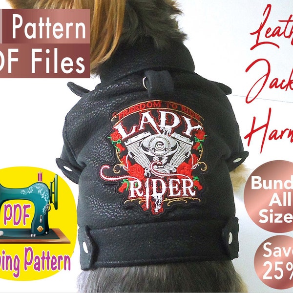 Dog Leather Jacket Pattern, Dog winter clothes Pattern, Small dog clothes sewing pattern, Pet clothes pattern, Save 25%, Bundle 5 Sizes.