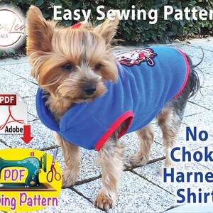 May include: A PDF sewing pattern for a blue and red dog shirt with a "No Choke Harness Shirt" text overlay. The pattern is for an easy-to-sew dog shirt.