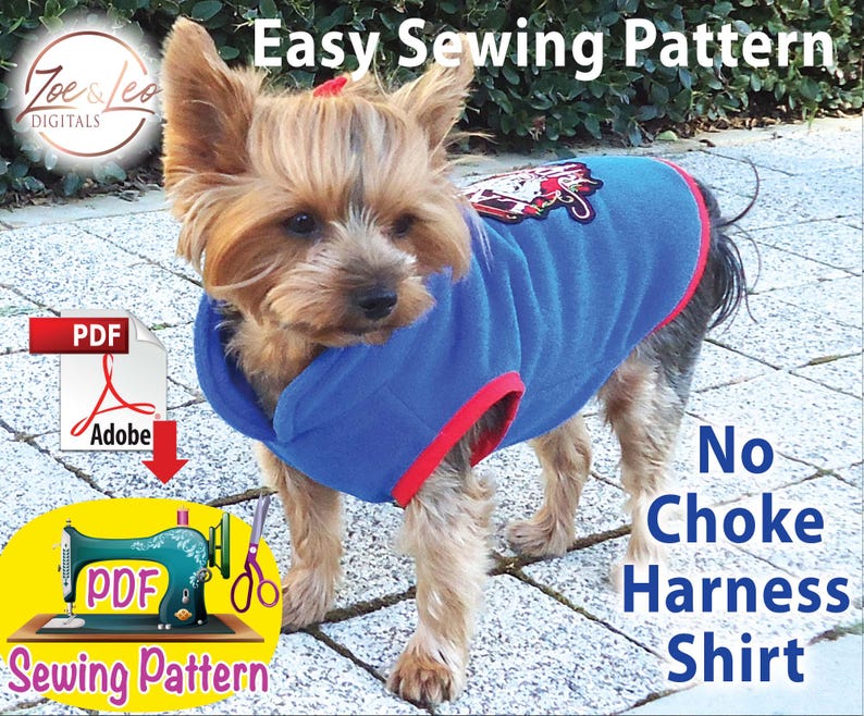 May include: A PDF sewing pattern for a blue and red dog shirt with a "No Choke Harness Shirt" text overlay. The pattern is for an easy-to-sew dog shirt.